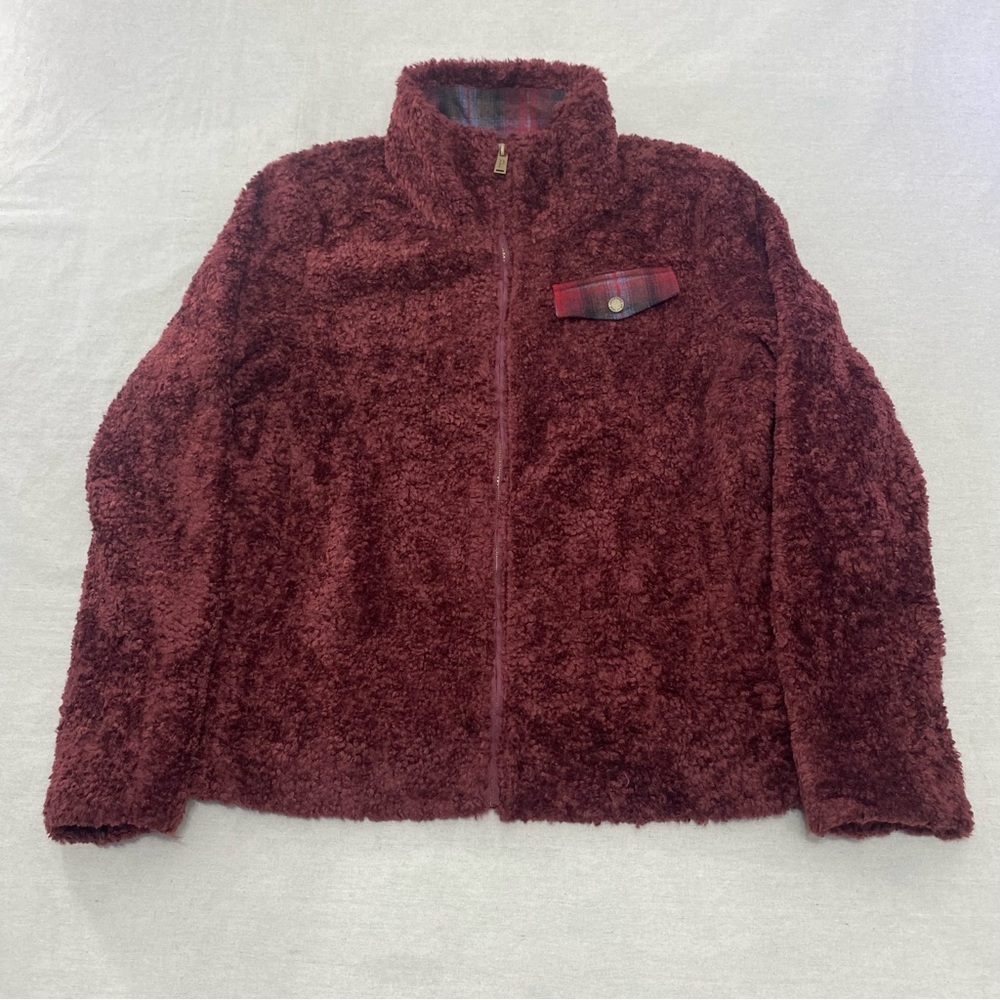 Pendleton Deep Pile Sherpa Burgundy Full Zip Plaid Wool Accents Women’s XL